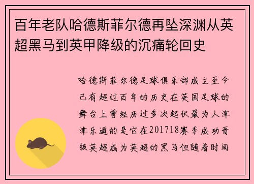 百年老队哈德斯菲尔德再坠深渊从英超黑马到英甲降级的沉痛轮回史