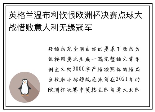 英格兰温布利饮恨欧洲杯决赛点球大战惜败意大利无缘冠军