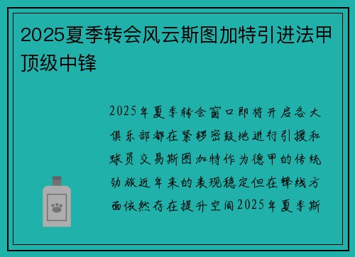 2025夏季转会风云斯图加特引进法甲顶级中锋