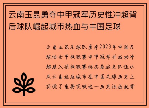 云南玉昆勇夺中甲冠军历史性冲超背后球队崛起城市热血与中国足球